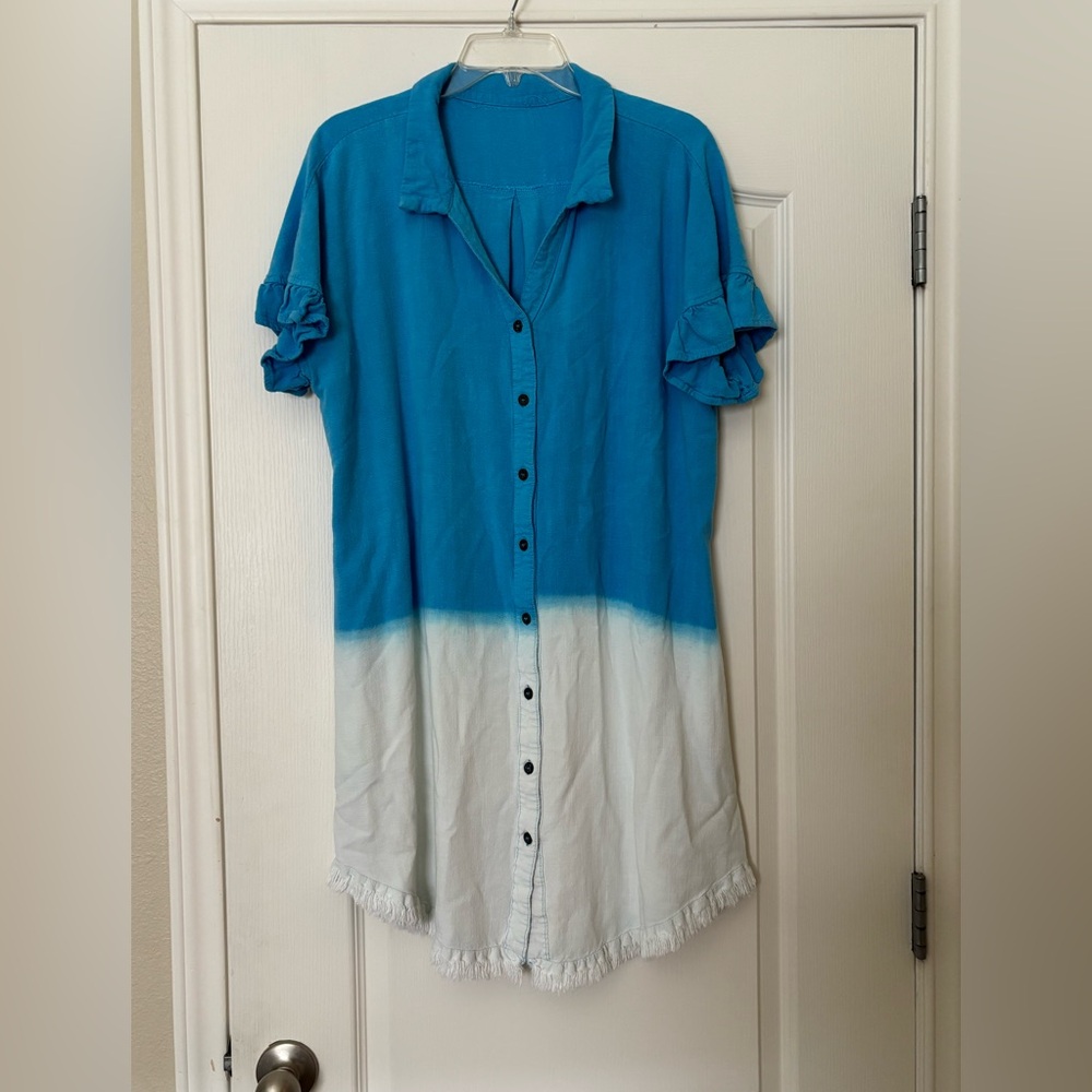 Umgee Linen dress Large XL Ombre Blue White boho shirt dress ruffles raw hem